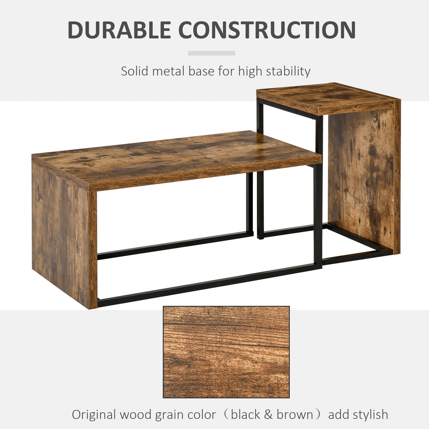 Coffee Tables Set of 2, Industrial Nest of Tables with Metal Frame for Living Room Bedroom, Rustic Brown