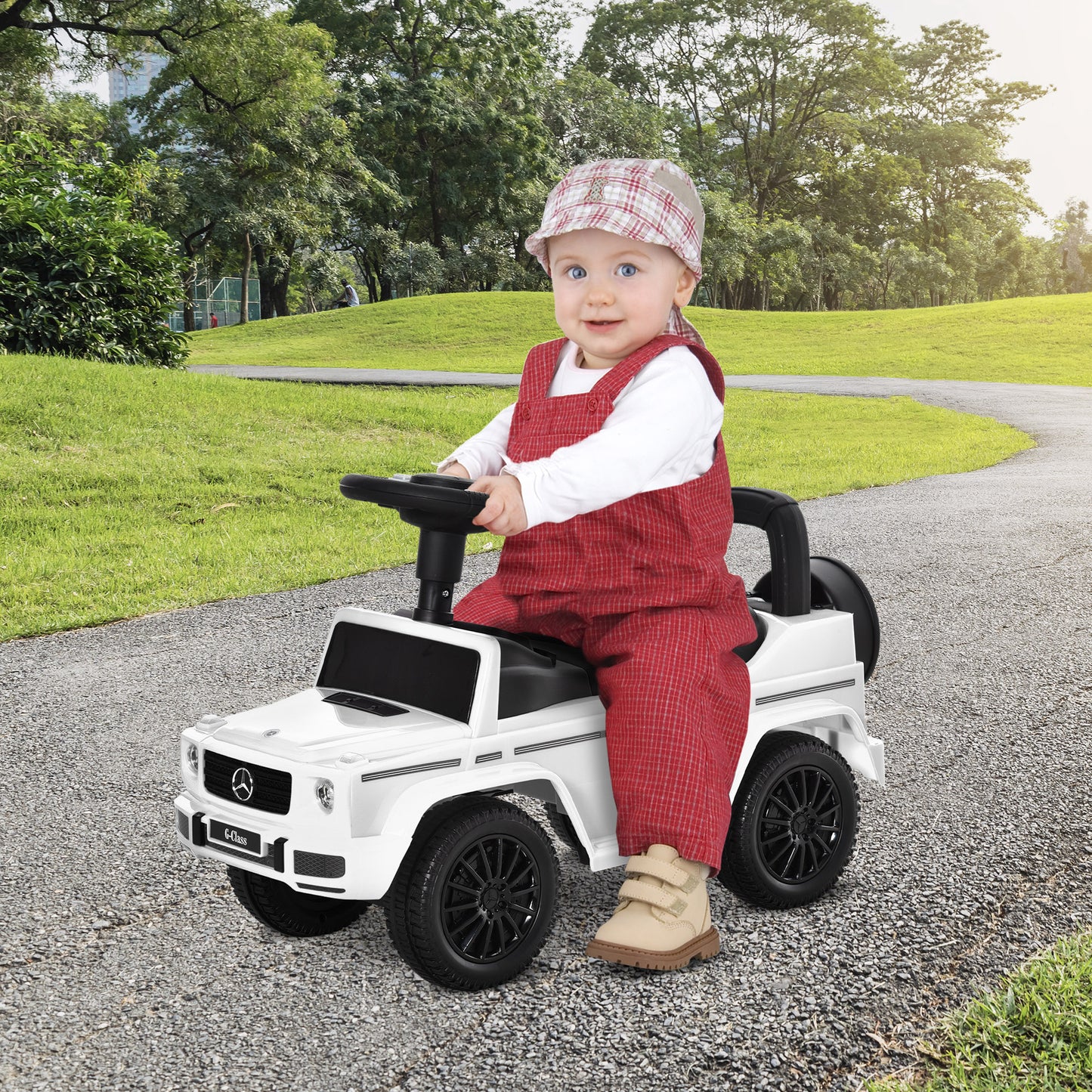 Aosom Compatible Baby Push Handle Sliding Car Mercedes-Benz G350 Licensed Foot to Floor Slider Stroller w/ Horn Under Seat Storage White
