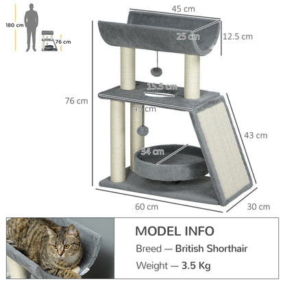 Cat Tree for Indoor Cats with Scratching Posts Pad, Kitten Tower with Bed Perch Ball Toy, 60 x 30 x 76 cm, Light Grey