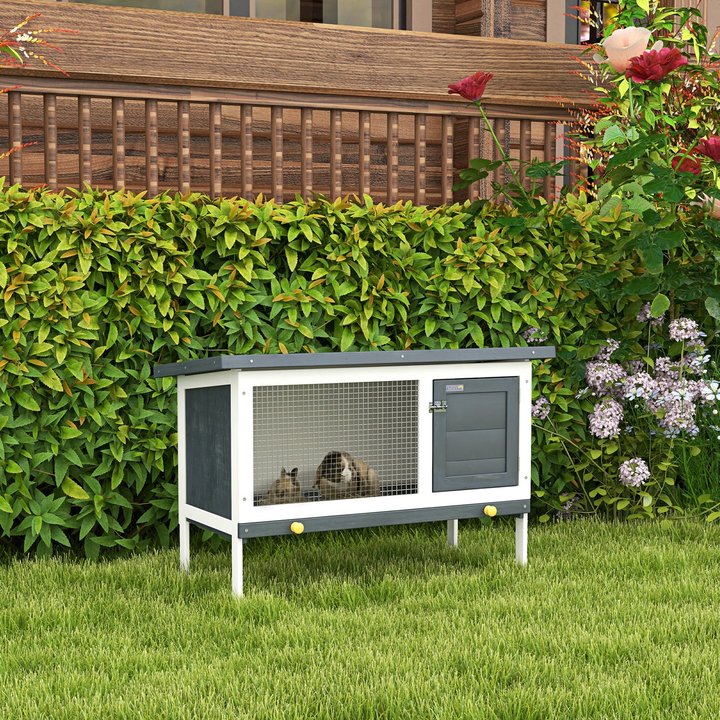 Wooden Rabbit Hutch Guinea Pig Hutch Bunny Cage Small Animal Habitat Openable Asphalt Roof for Outdoor Use 90 x 45 x 65 cm