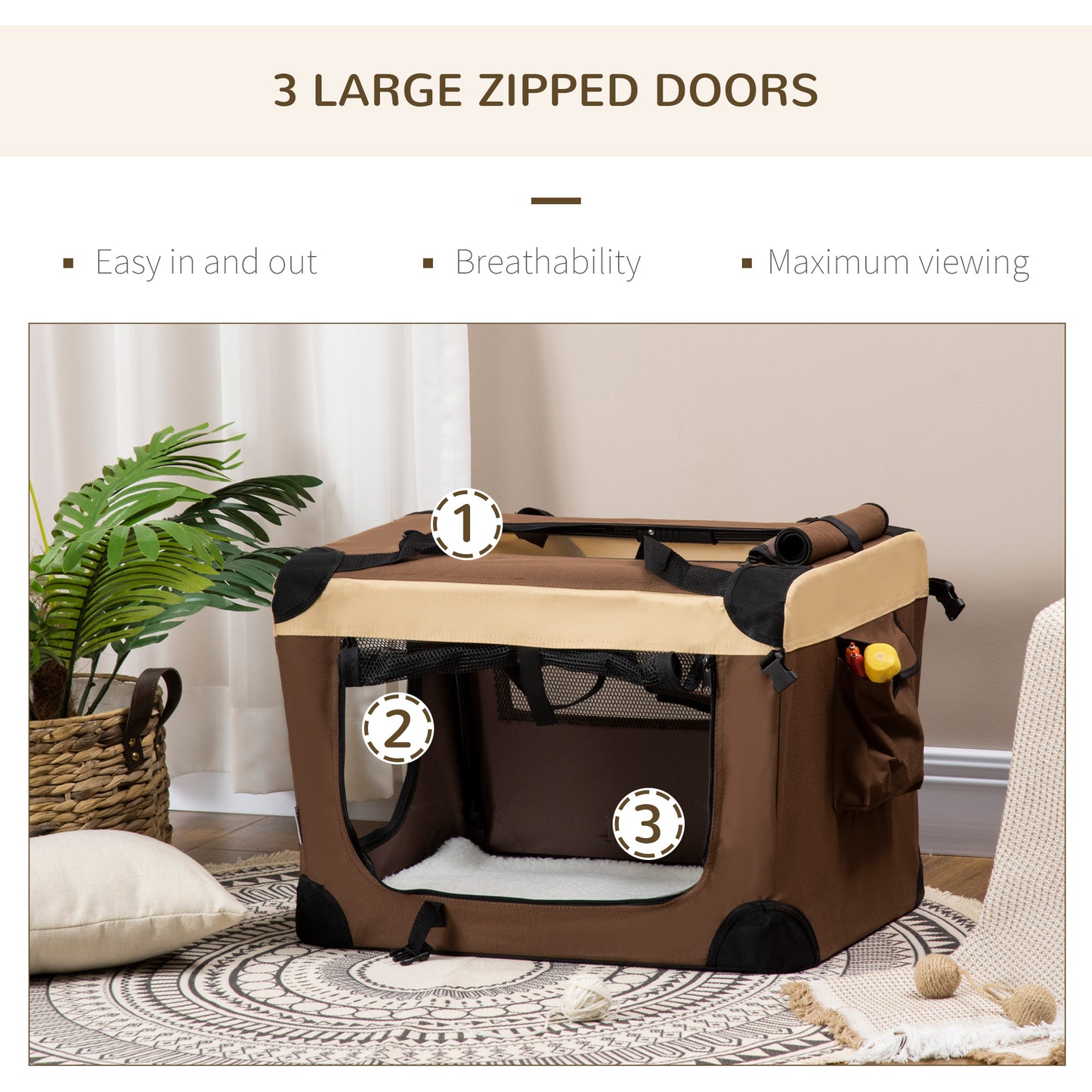 60cm Foldable Pet Carrier Bag Soft Travel Dog Crate, Portable Cat Carrier w/ Cushion, for Cats and Miniature Dogs - Brown