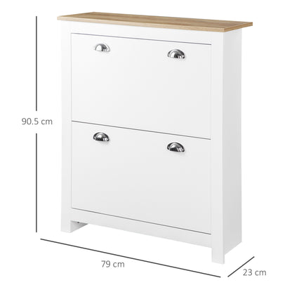 2 Drawer Shoe Cabinet Modern Narrow Shoe Cupboard Hallway Wooden Storage Organiser with Flip Doors Adjustable Shelf for 12 Pairs White