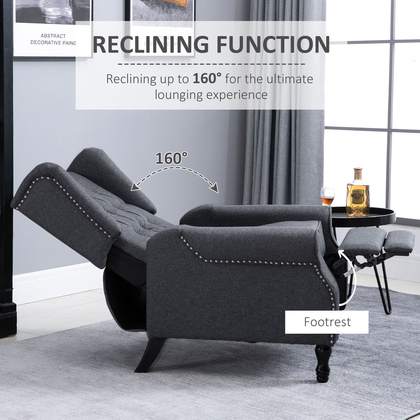 Recliner Armchair with Footrest Grey Tone in a Vintage Tufted Design Dark Grey