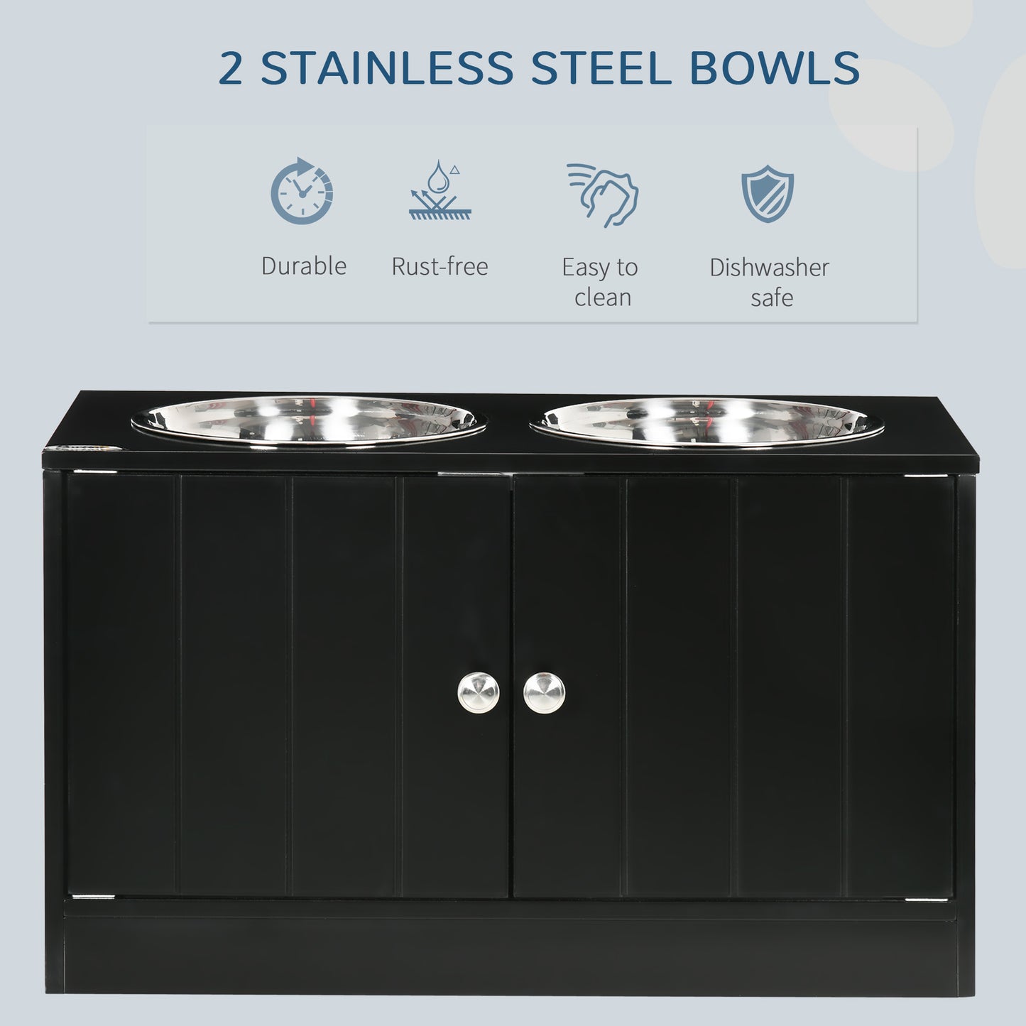 Raised Dog Bowls for Large Dogs Pet Feeding Station w/ Stand, Storage, Two Stainless Steel Bowls - Black