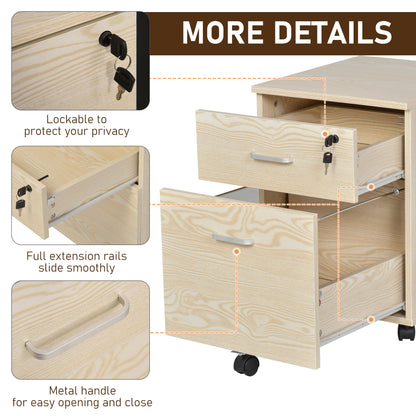 2-Drawer Locking Office Filing Cabinet w/ 5 Wheels Rolling Storage Hanging Legal Letter Files Cupboard Home Organisation Oak