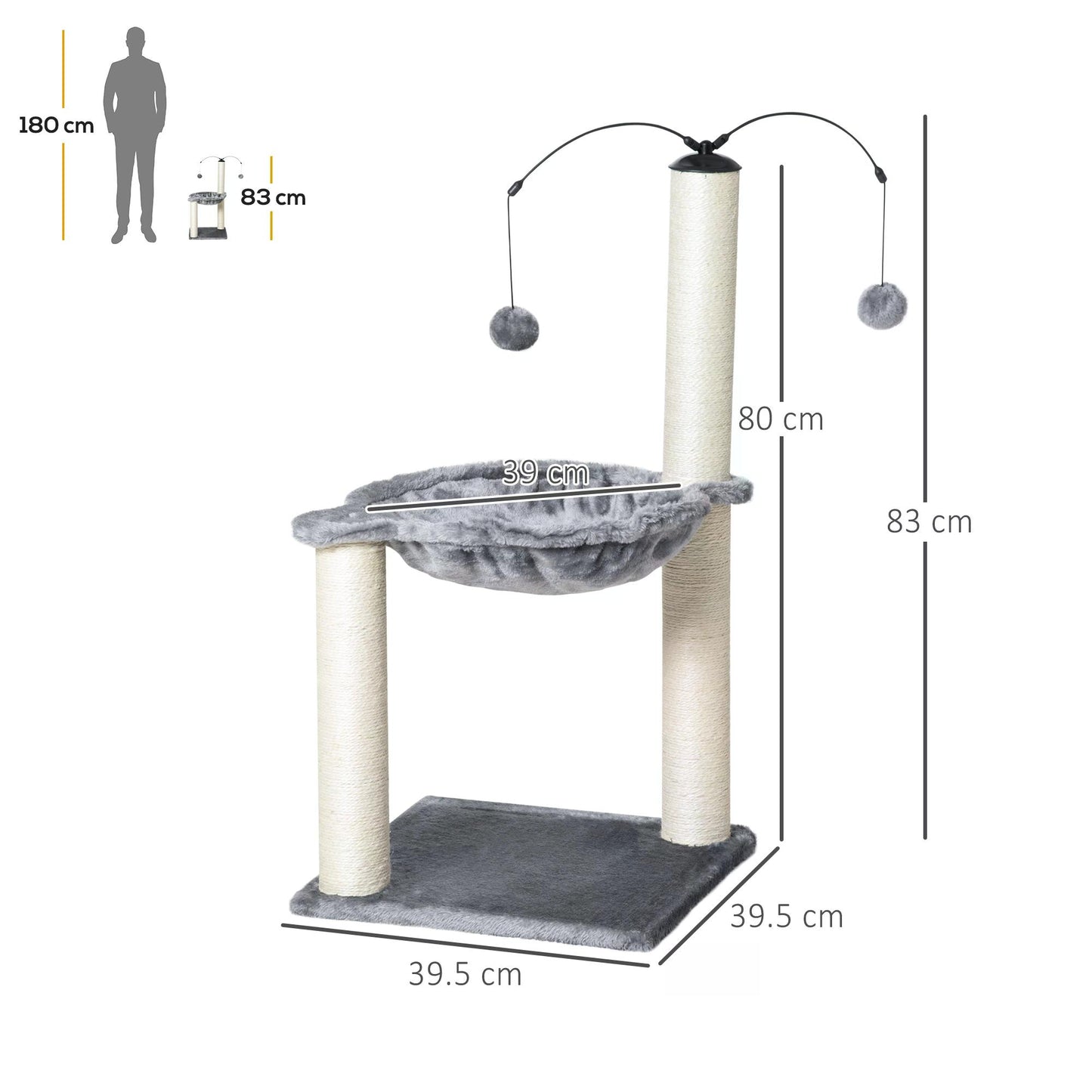 83cm Cat Tree Tower for Indoor Cats w/ Sisal Scratching Post Hammock Hanging Toy Activity Centre - Grey