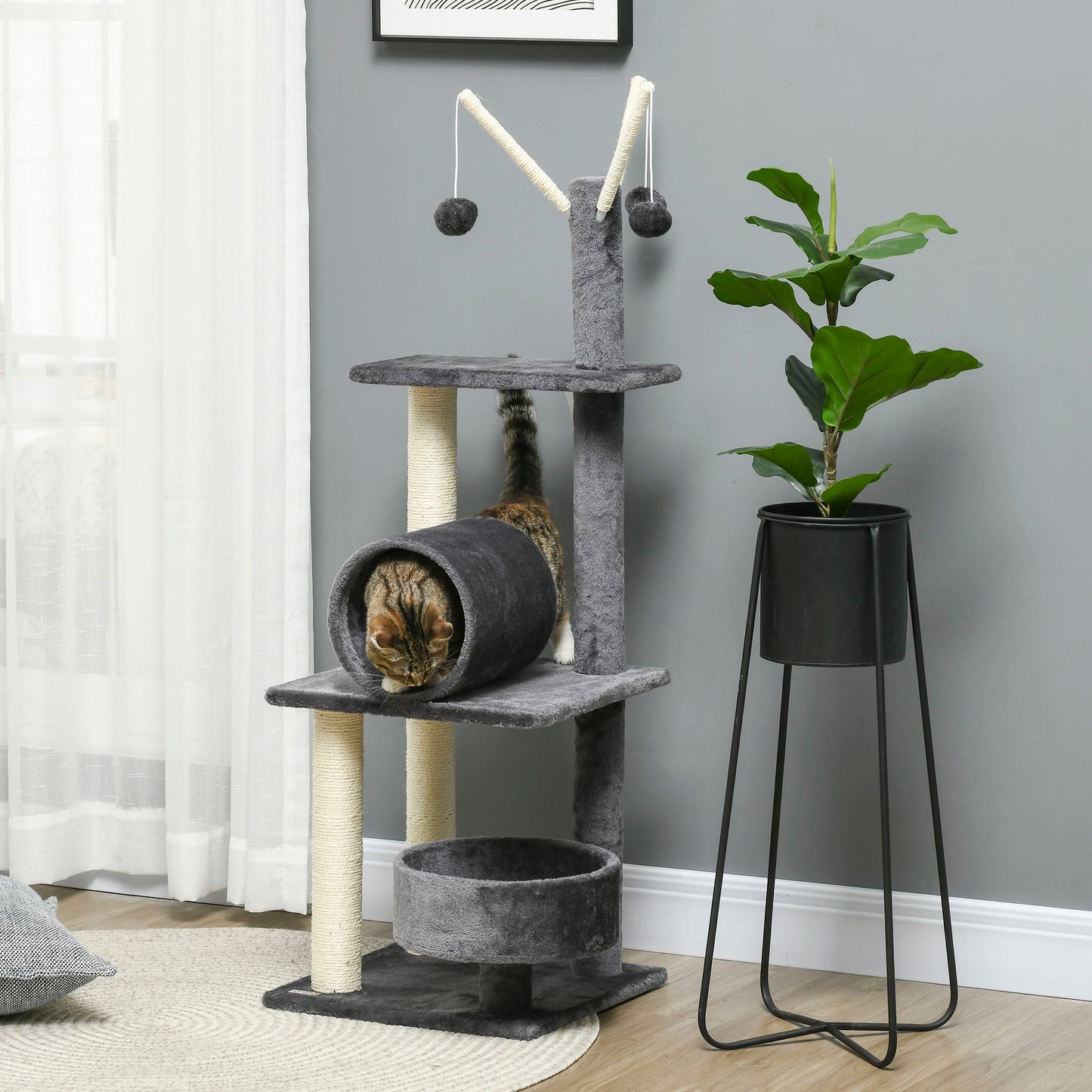 121cm Cat Tree Tower for Indoor Cats Kitten Activity Centre Scratching Post with Bed Tunnel Perch Interactive Ball Toy Grey