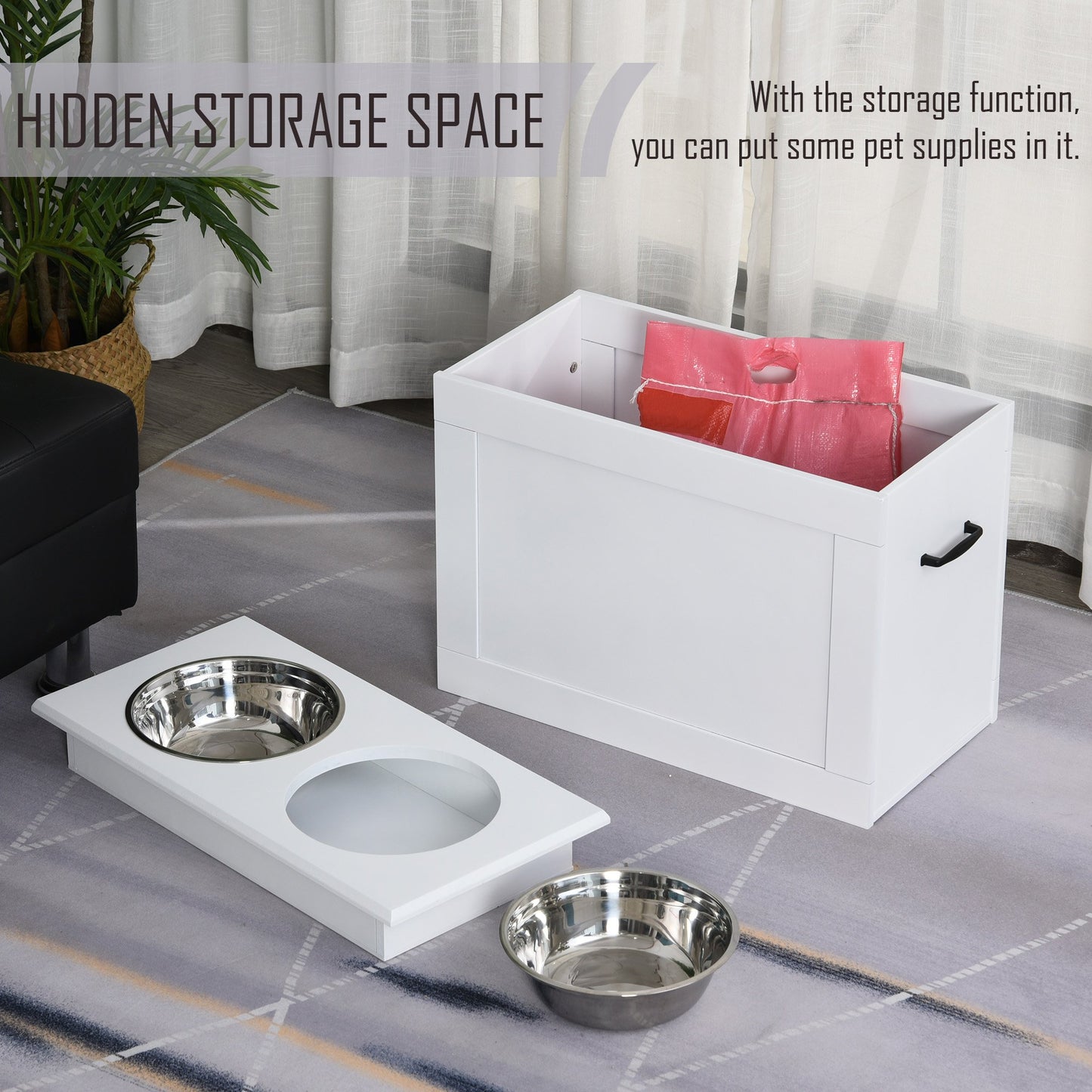 Raised Dog Bowls Pet Feeding Storage Station with 2 Stainless Steel Bowls Base for Large Dogs and Other Large Pets, White