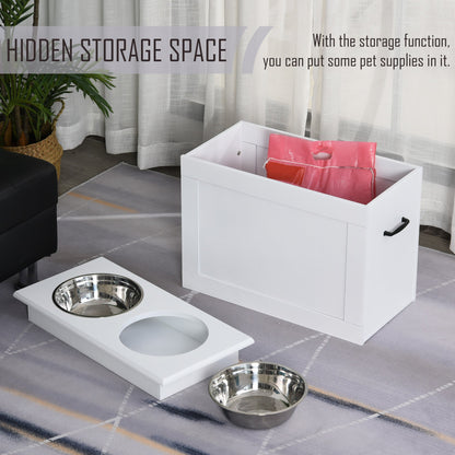 Raised Dog Bowls Pet Feeding Storage Station with 2 Stainless Steel Bowls Base for Large Dogs and Other Large Pets, White