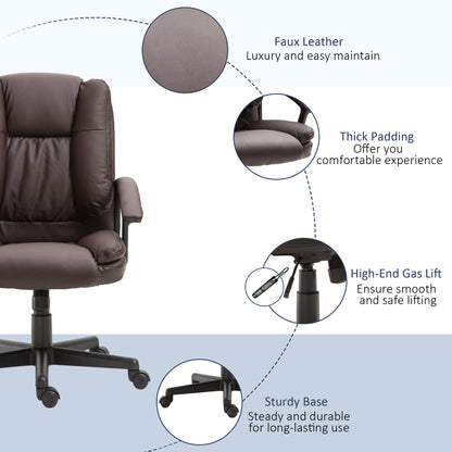 Swivel Executive Office Chair Mid Back Faux Leather Computer Desk Chair for Home with Double-Tier Padding, Arm, Wheels, Brown