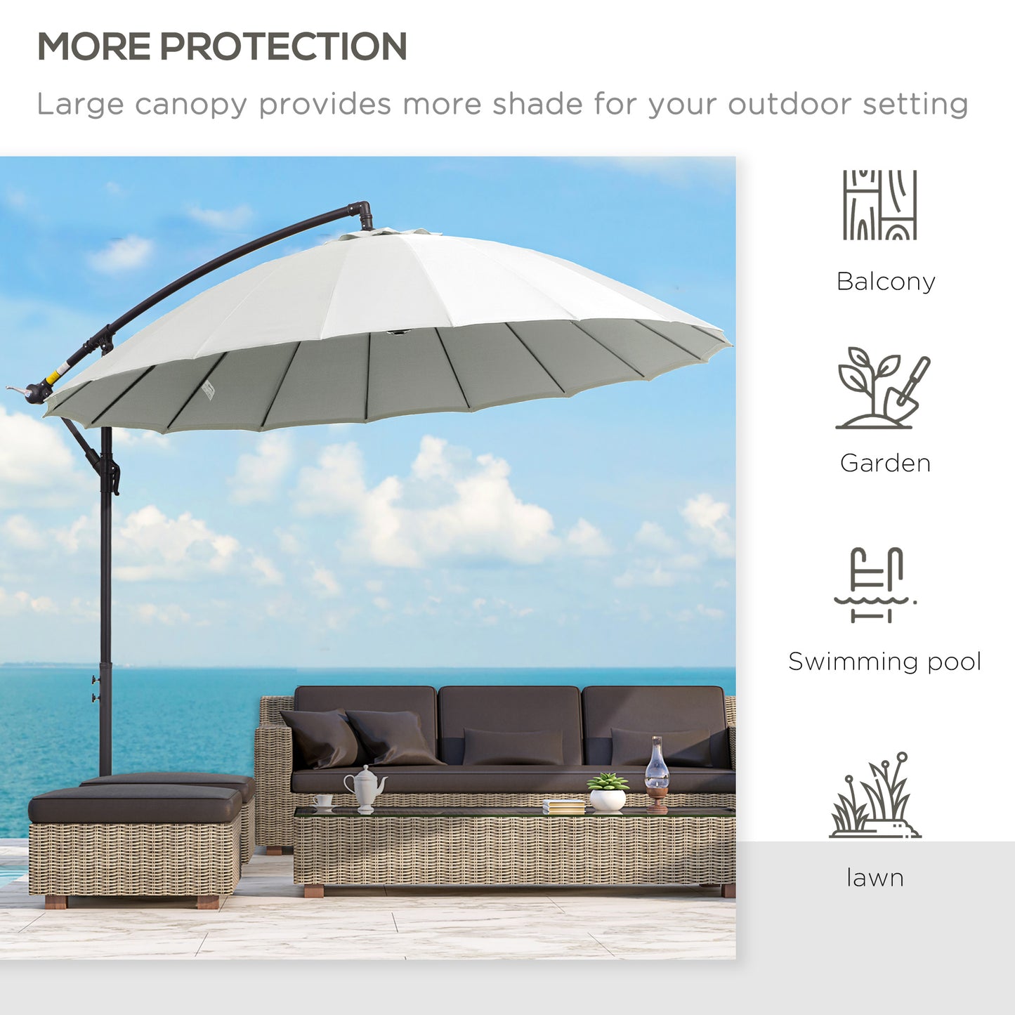 3(m) Cantilever Shanghai Parasol Garden Hanging Banana Sun Umbrella with Crank Handle, 18 Sturdy Ribs and Cross Base, Off-White