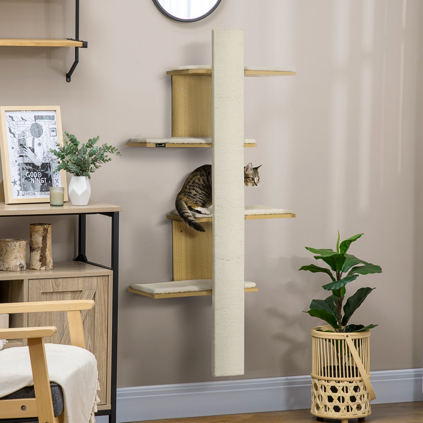 Cat Tree for Indoor Cats, Four-Layer Wall-Mounted Shelf, Cat Wall Furniture, Kitten Perch Climber Furniture w/ Cushions, Scratching Board - Oak Tone