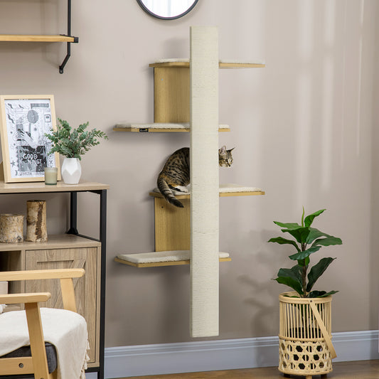 Cat Tree for Indoor Cats, Four-Layer Wall-Mounted Shelf, Cat Wall Furniture, Kitten Perch Climber Furniture w/ Cushions, Scratching Board - Oak Tone