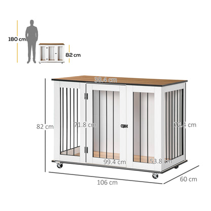 Dog Crate Furniture, Dog Cage End Table with Wheels, Lockable Door, for Medium Dogs, 106 x 60 x 82 cm - White