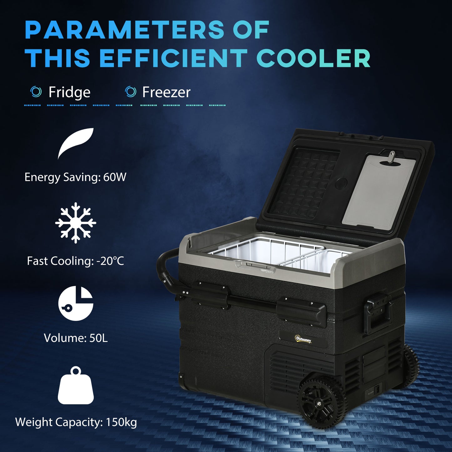 Outsunny 50L Car Refrigerator, Portable Compressor Cooler Box, Fridge Freezer w/ Inner LED Light, Foldable Handles, Cup Holders, 12/24V DC and 110-240V AC for Campervan RV Boat Travel Down to -20‚Äö√ë√â