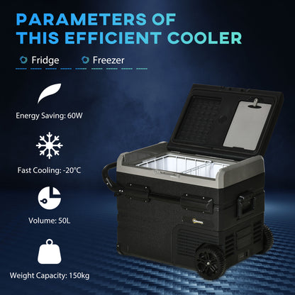 Outsunny 50L Car Refrigerator, Portable Compressor Cooler Box, Fridge Freezer w/ Inner LED Light, Foldable Handles, Cup Holders, 12/24V DC and 110-240V AC for Campervan RV Boat Travel Down to -20‚Äö√ë√â