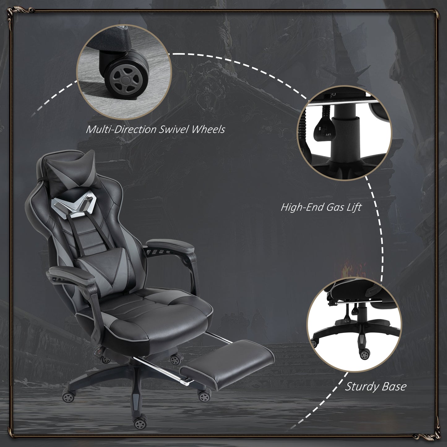 Vinsetto Ergonomic Racing Gaming Chair Office Desk Chair Adjustable Height Recliner with Wheels, Headrest, Lumbar Support, Retractable Footrest Home Office, Grey