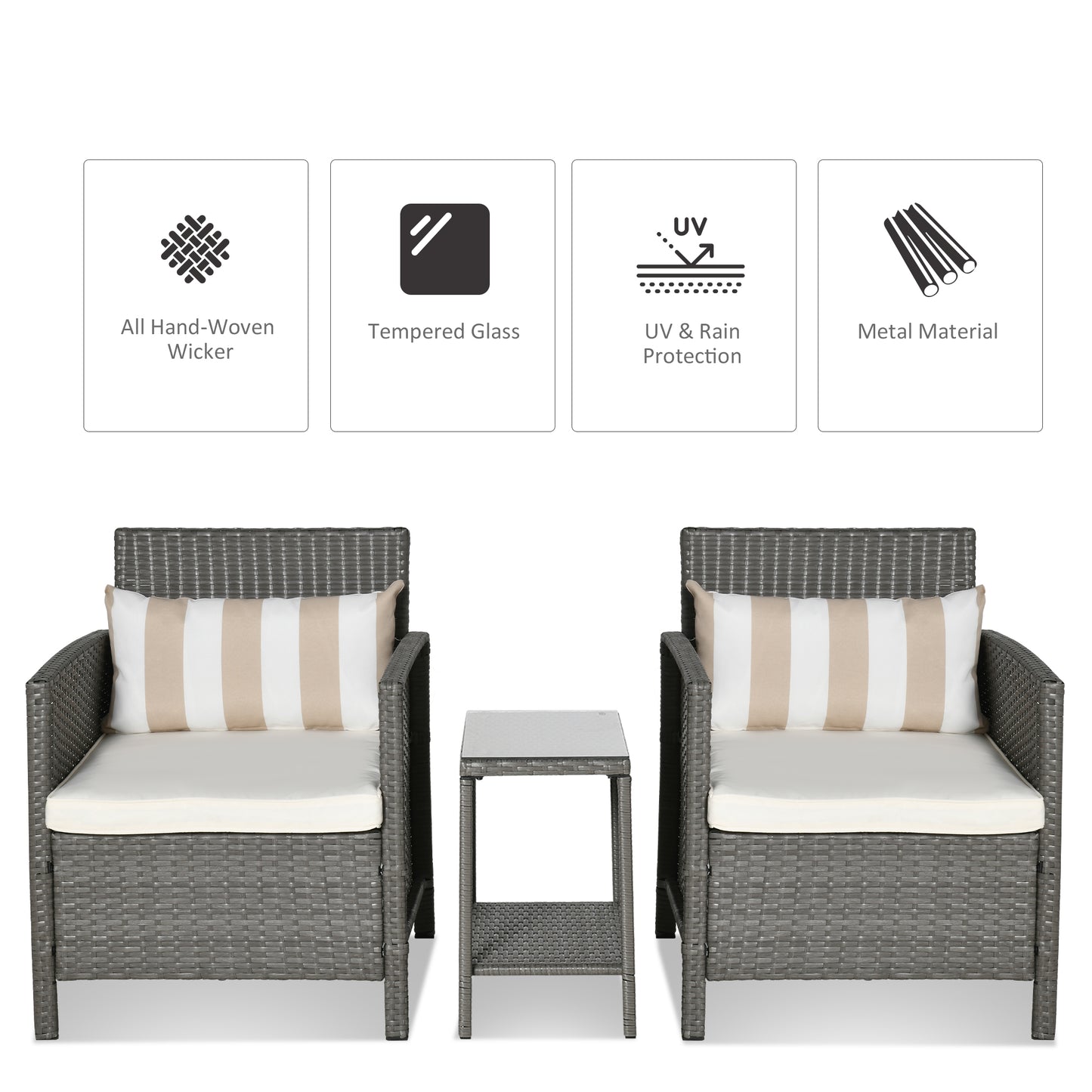 Rattan Garden Furniture 3 Pieces Patio Bistro Set Wicker Weave Conservatory Sofa Chair & Table Set with Cushion Pillow - Light Grey