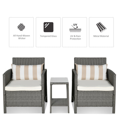 Rattan Garden Furniture 3 Pieces Patio Bistro Set Wicker Weave Conservatory Sofa Chair & Table Set with Cushion Pillow - Light Grey