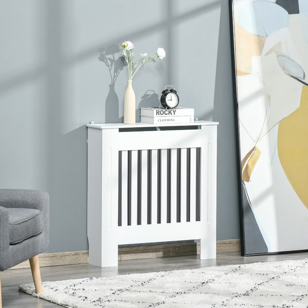 Slatted Radiator Cover Painted Cabinet MDF Lined Grill in White (78L x 19W x 81H cm)