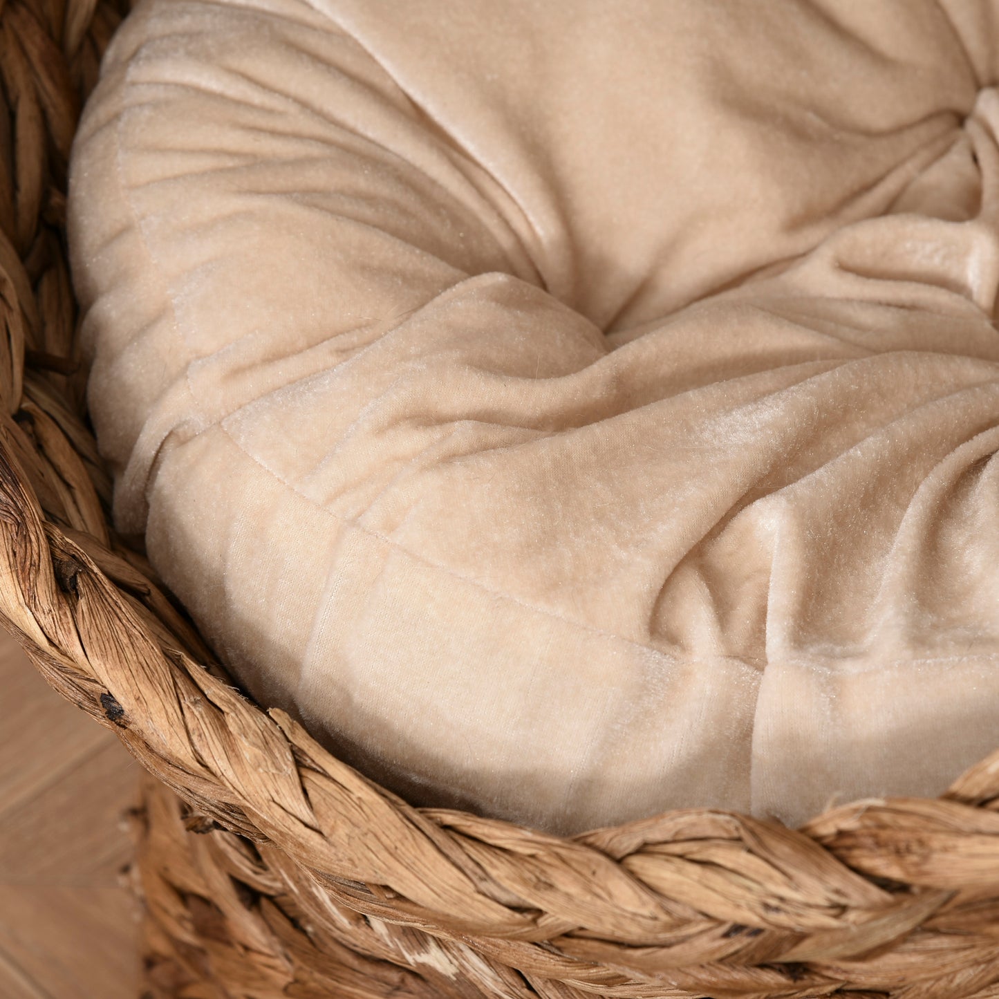 Wicker Cat House, Raised Cat Bed with Cylindrical Base, Soft Washable Cushion, Woven Water Hyacinth Cat Basket for Indoor and Outdoor, 50 x 42 x 60 cm - Brown