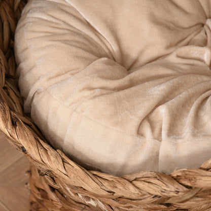 Wicker Cat House, Raised Cat Bed with Cylindrical Base, Soft Washable Cushion, Woven Water Hyacinth Cat Basket for Indoor and Outdoor, 50 x 42 x 60 cm - Brown