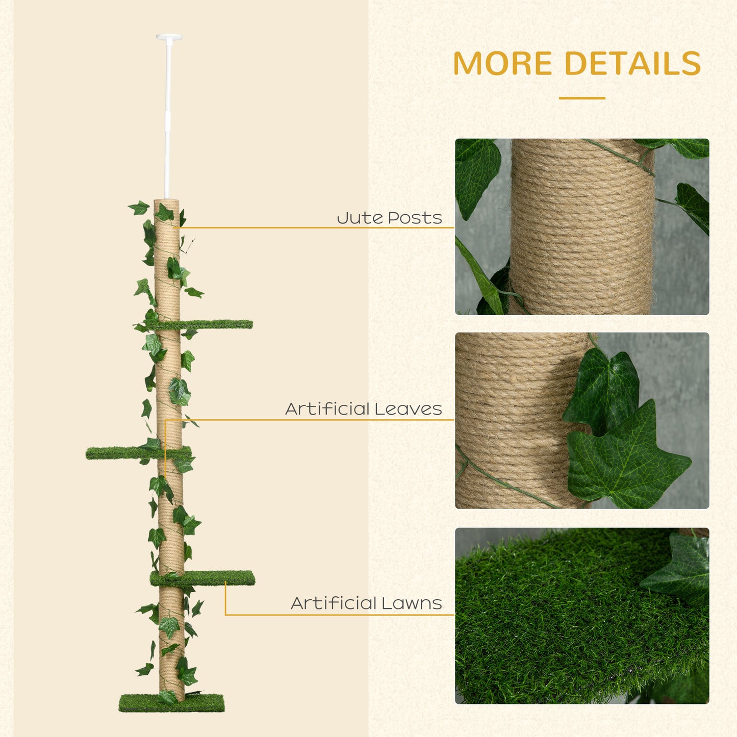 242cm Floor to Ceiling Cat Tree, Height Adjustable Kitten Tower w/ Anti-Slip Kit, Highly Simulated Multi-Layer Activity Centre w/ Perches, Scratching Post - Green