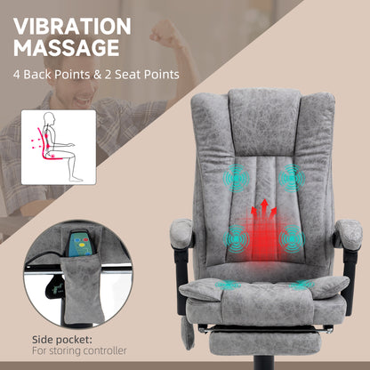 6-point Vibrating Heat Massage Chair Micro Fibre Upholstery w/ Manual Footrest Padding High Back Remote Wheels Swivel Chair Reclining Grey