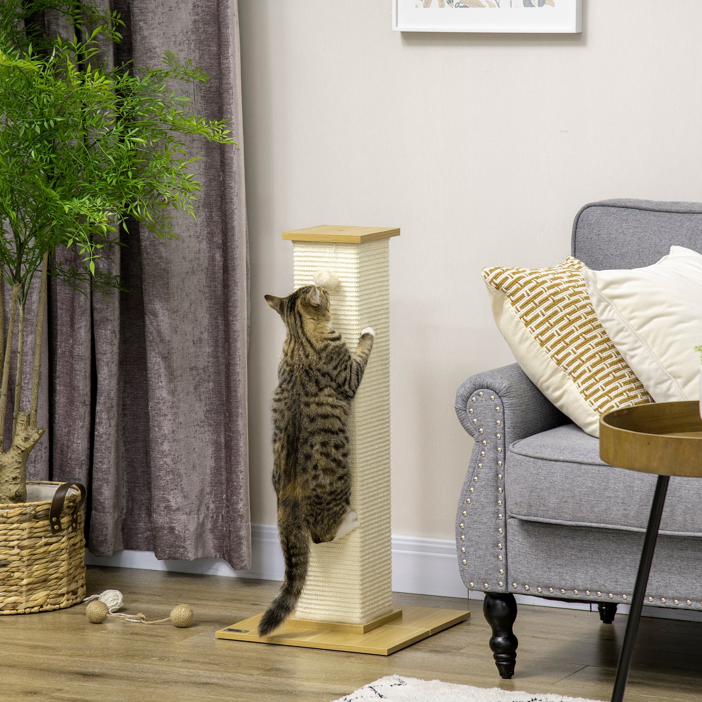 80cm Indoor Cat Scratching Post with Hanging Ball Toy, Particle Board Base, Natural Sisal Rope, Cat Furniture - White
