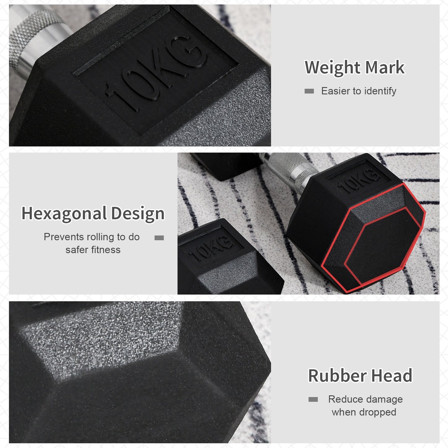 2x 10kg Hex Dumbbells Set Rubber Dumbbells Weight Lifting Equipment Fitness Home Gym