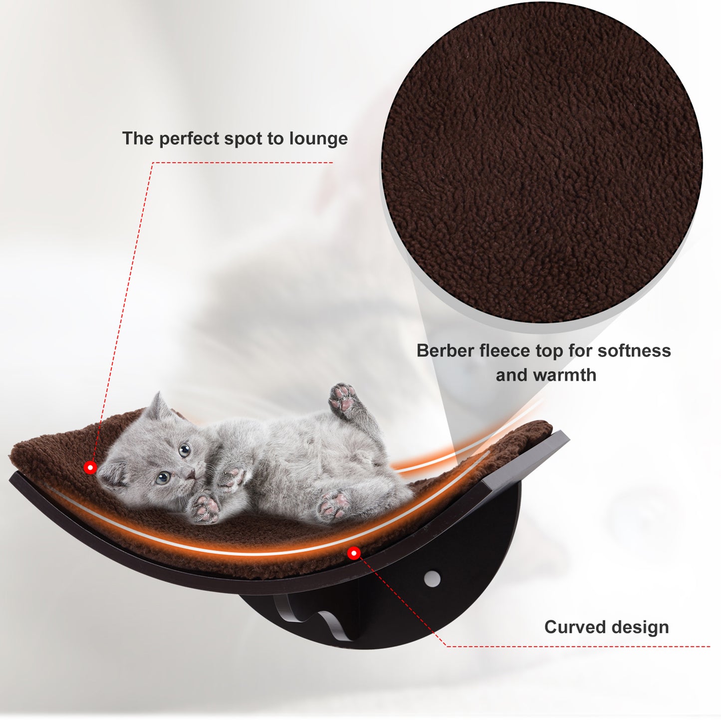 Wood Cat Shelves Wall-Mounted Shelter Curved Kitten Bed Cat Perch Climber Cat Furniture 41 x 28 x 21cm Brown