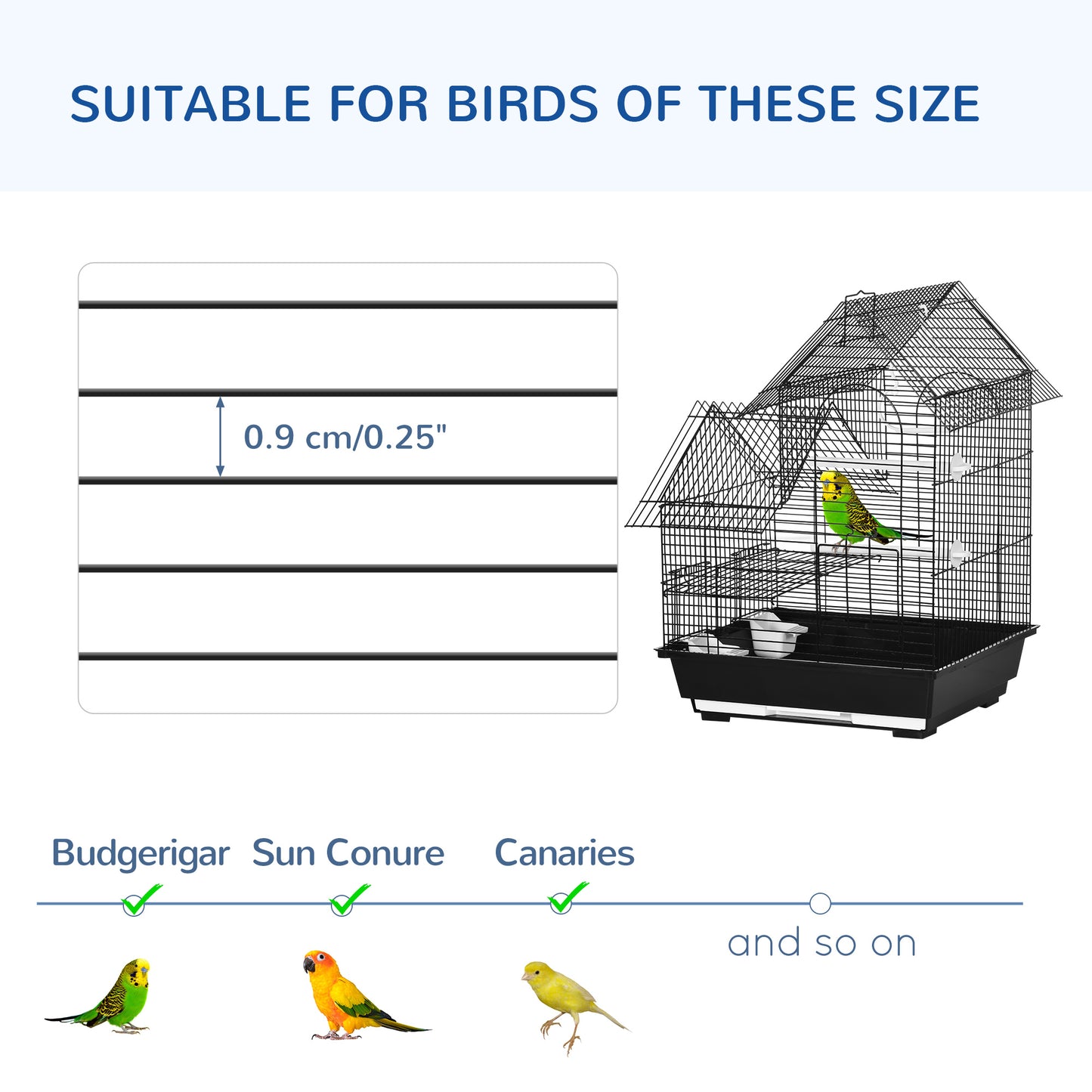 Metal Bird Cage for Parrot, Cockatiel, Budgie, Finch, Canary w/ Food Containers, Swing Ring, Tray Handle, 39 x 33 x 47cm