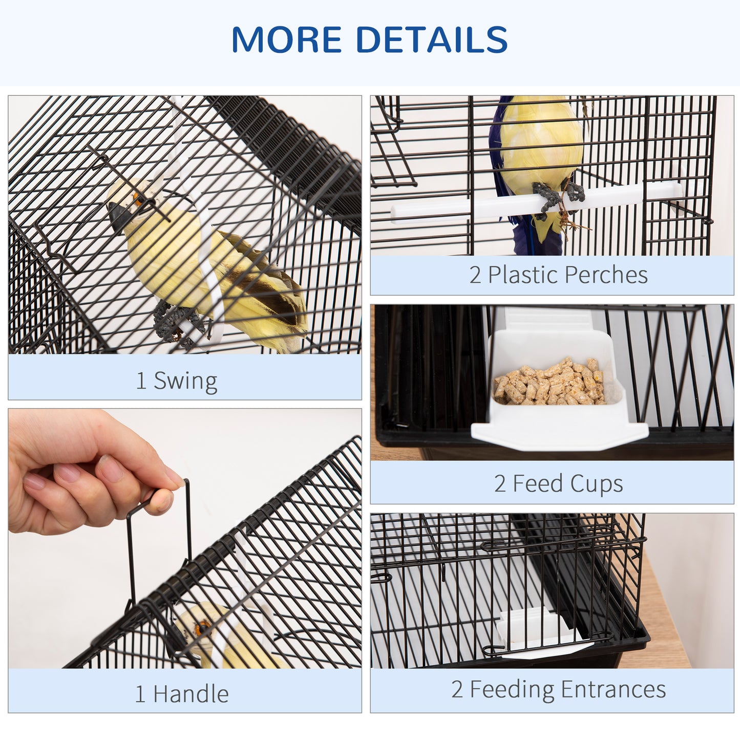 Metal Bird Cage for Parrot, Cockatiel, Budgie, Finch, Canary w/ Food Containers, Swing Ring, Tray Handle, 39 x 33 x 47cm