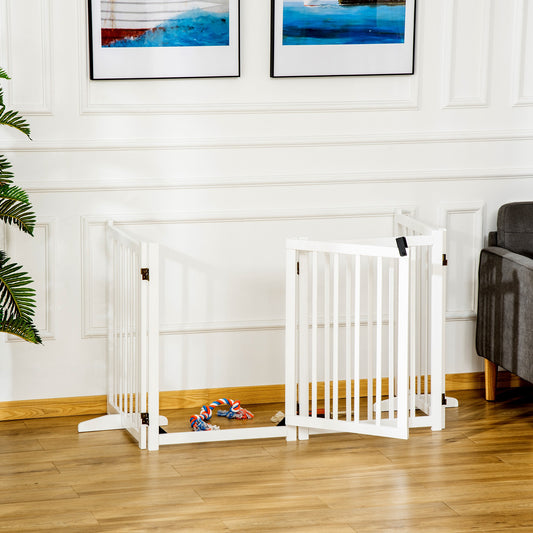 Freestanding Pet Gate for Small and Medium Dogs, Wooden Foldable Dog Safety Barrier with 4 Panels, 2 Support Feet, 80 cm Tall for Doorways, Stairs White