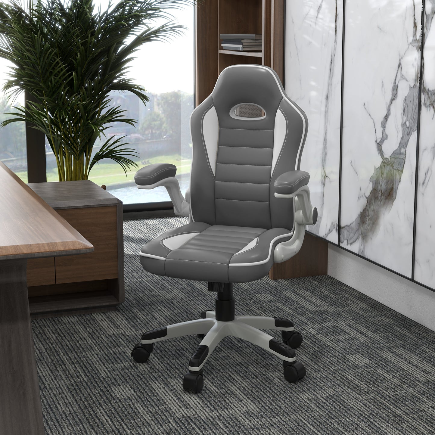 Office / Gaming Swivel Chair with Flip-up Armrest, Adjustable Height and Rolling Wheels, Grey