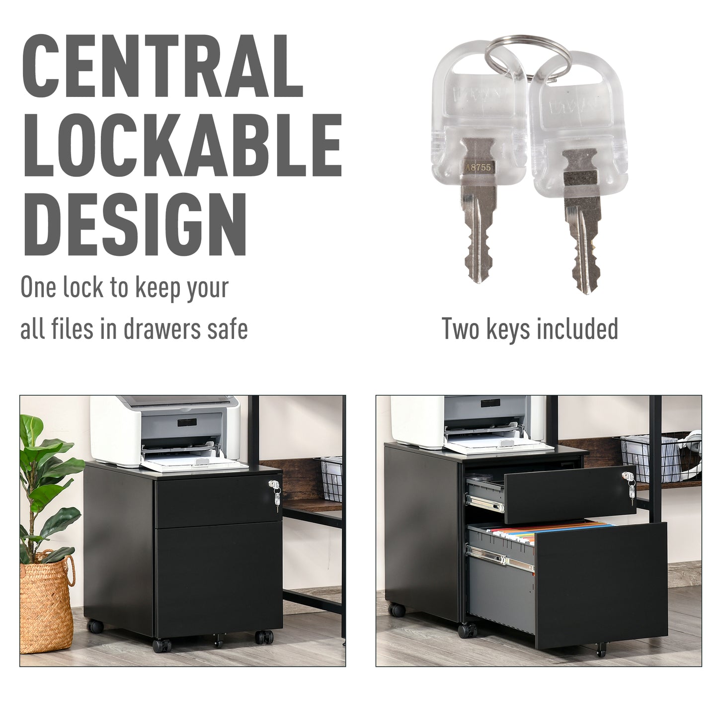 Vertical File Cabinet Steel Lockable with Pencil Tray and Casters Home Filing Furniture for A4, Letters, Legal-sized Files, 39 x 48 x 48.5cm