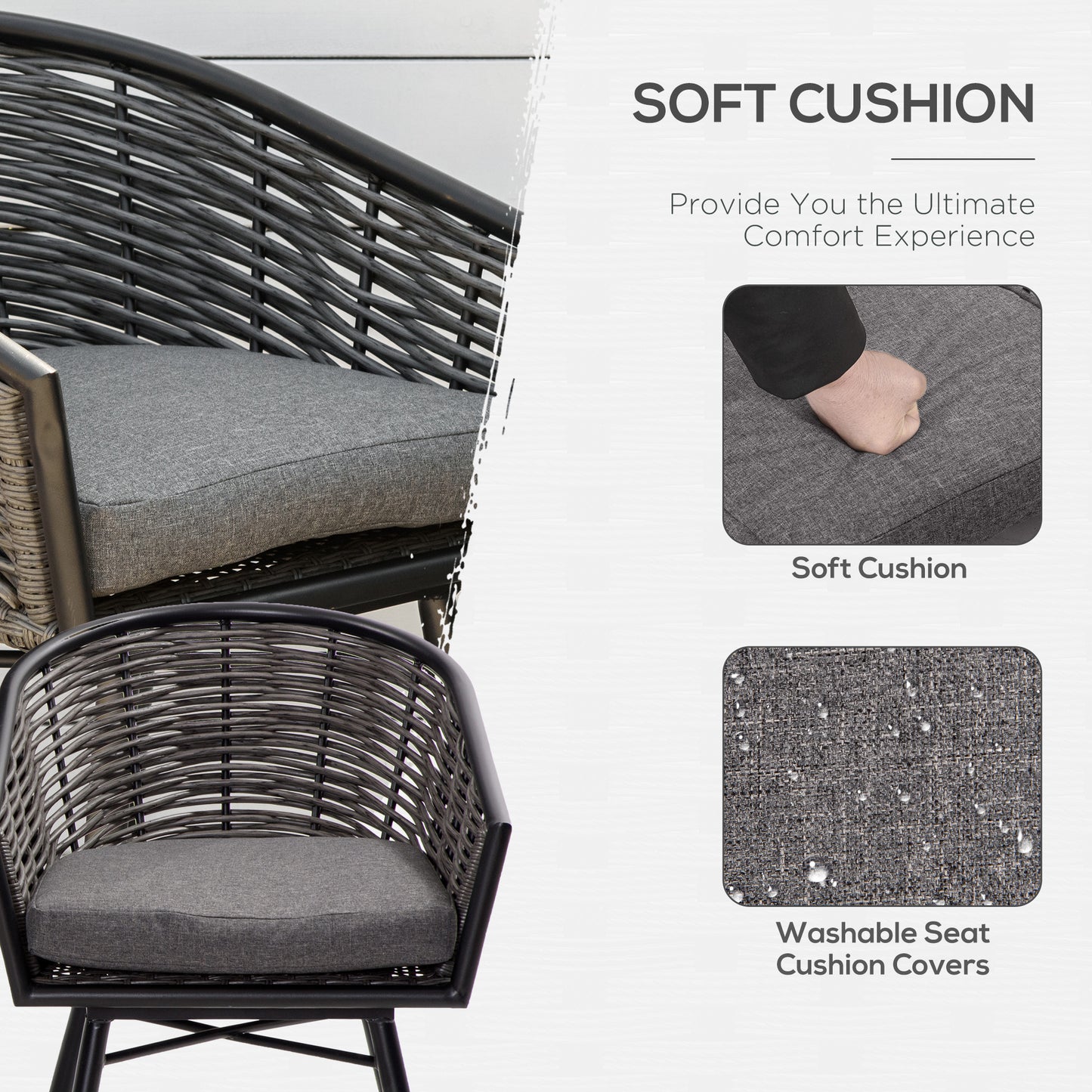 Outsunny 3 Pieces Outdoor PE Rattan Balcony Furniture, Round Wicker Patio Table and Chairs w/ 2 Armchairs & Glass Top Coffee Table Conversation Furniture Sets, Grey
