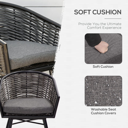 Outsunny 3 Pieces Outdoor PE Rattan Balcony Furniture, Round Wicker Patio Table and Chairs w/ 2 Armchairs & Glass Top Coffee Table Conversation Furniture Sets, Grey