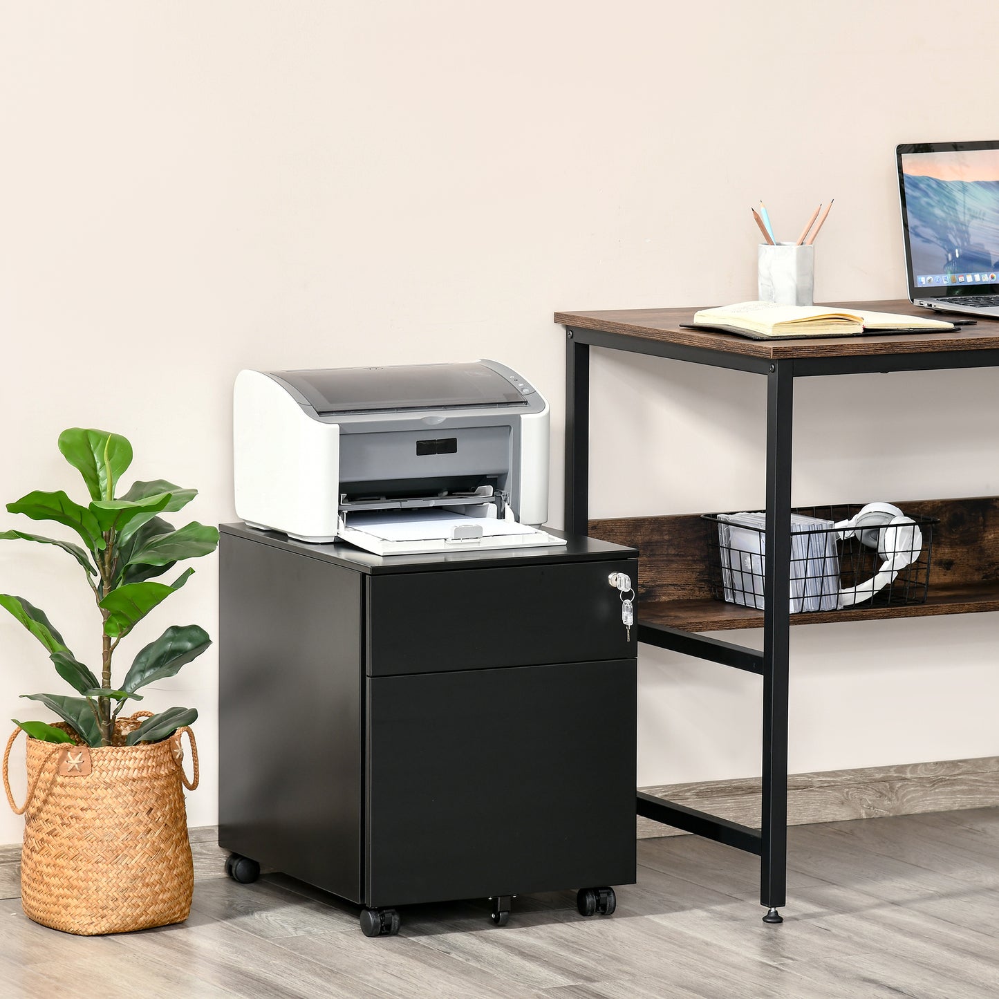 Vertical File Cabinet Steel Lockable with Pencil Tray and Casters Home Filing Furniture for A4, Letters, Legal-sized Files, 39 x 48 x 48.5cm