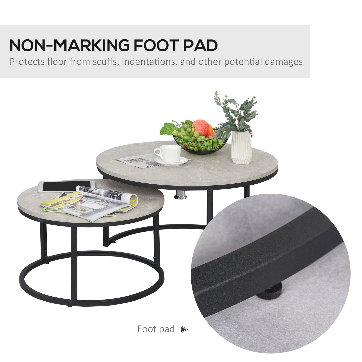 Set of Two Marble-Effect Stacking Tables - Wood Grey
