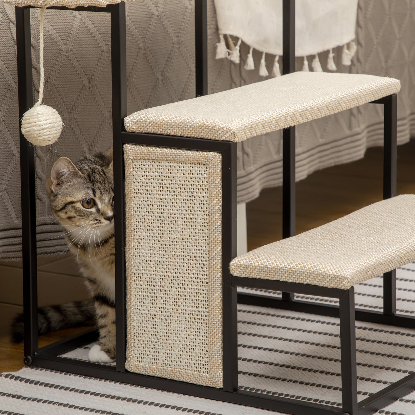 3 Steps Dog Stairs, Pet Steps for Cat for Sofa and Bed with Sisal Scratching Board, Hanging Toy Ball, 47 x 45 x 47cm - Cream White