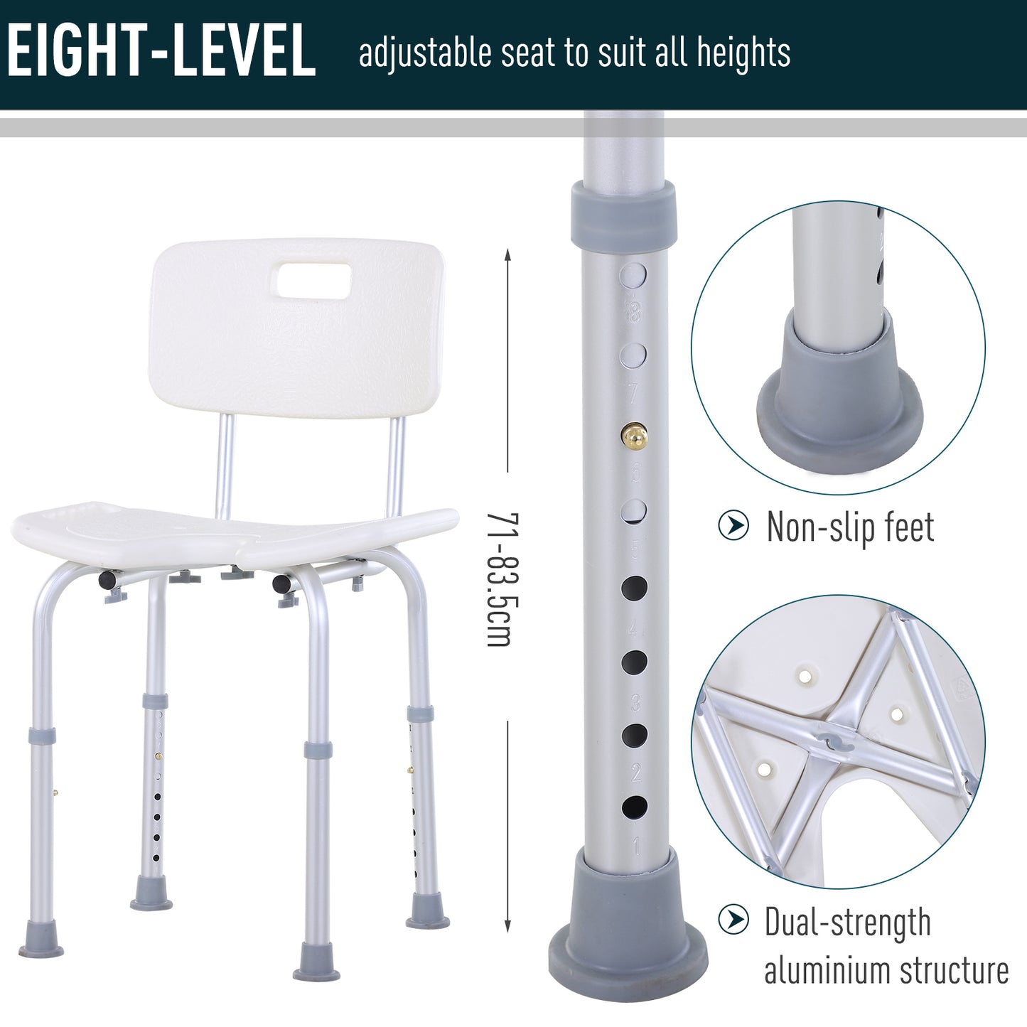 8-Level Height Adjustable Bath Stool Spa Shower Chair Aluminum w/ Non-Slip Feet and Handle, Load Capacity 136kg