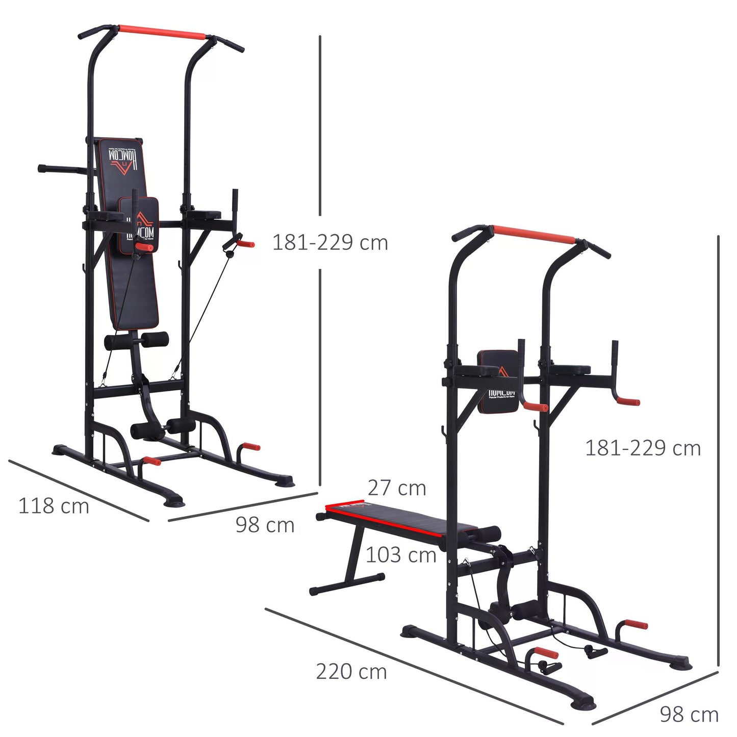 Multifunction Power Tower Home Workout Dip Station w/ Sit-up Bench Push-up Bars and Tension Ropes Fitness Equipment Gym Training
