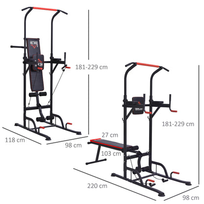 Multifunction Power Tower Home Workout Dip Station w/ Sit-up Bench Push-up Bars and Tension Ropes Fitness Equipment Gym Training
