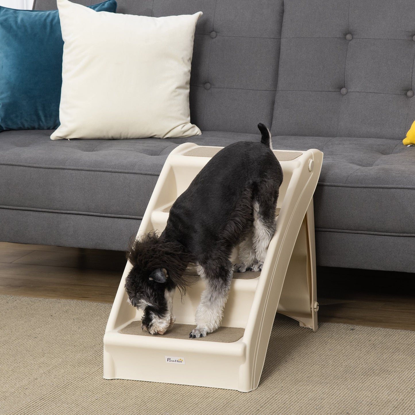 Foldable Pet Stairs Portable Dog Steps for Sofa, Bed, Four-Step Design for Cats, Small Miniature Dogs w/ Non-Slip Mats - Beige, 62 x 38 x 49.5cm