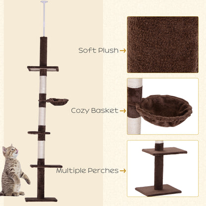 Floor to Ceiling Cat Tree for Indoor Cats 5-Tier Kitty Tower Climbing Activity Center Scratching Post Adjustable Height 230-260 cm Brown