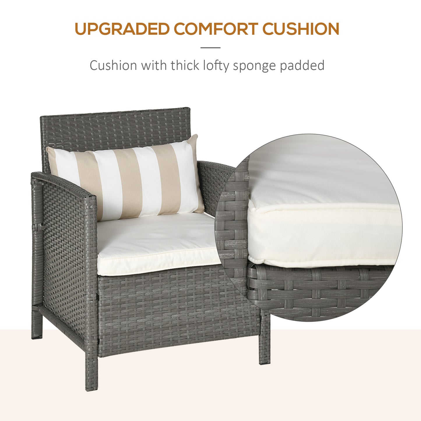 Rattan Garden Furniture 3 Pieces Patio Bistro Set Wicker Weave Conservatory Sofa Chair & Table Set with Cushion Pillow - Light Grey