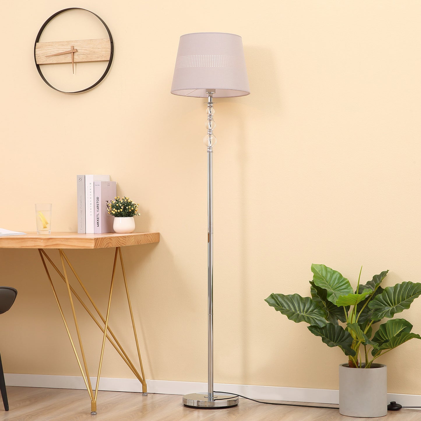 HOMCOM Floor Lamp with Hollow Out Fabric Shade, Chrome Base for Bedroom, Living Room, Study, 162cm, Grey
