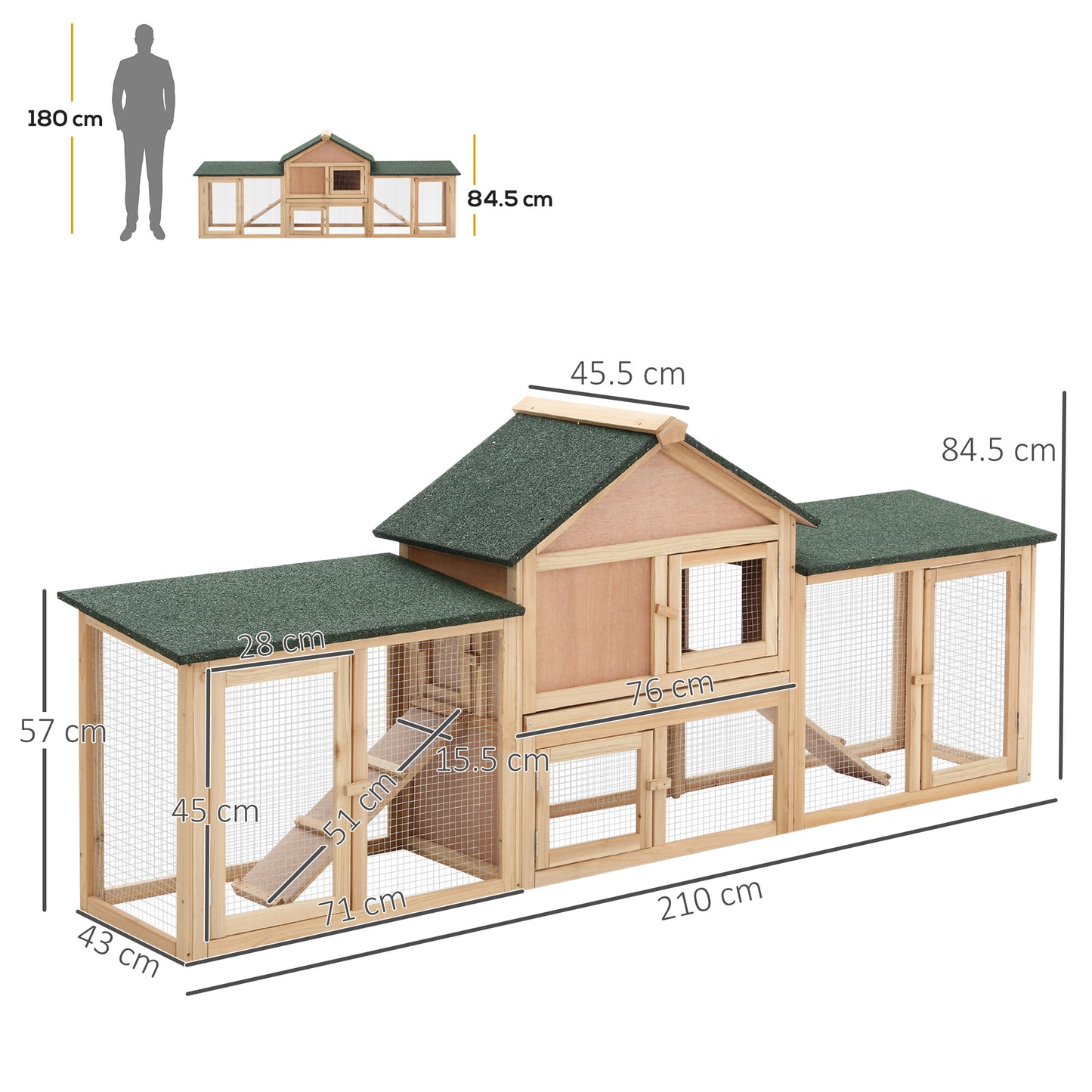 Deluxe Rabbit Hutch Outdoor, Wooden Guinea Pig Hutch, Two-Storey Bunny House with Ladder Rabbit Run Box Slide-out Tray 210 x 45.5 x 84.5 cm
