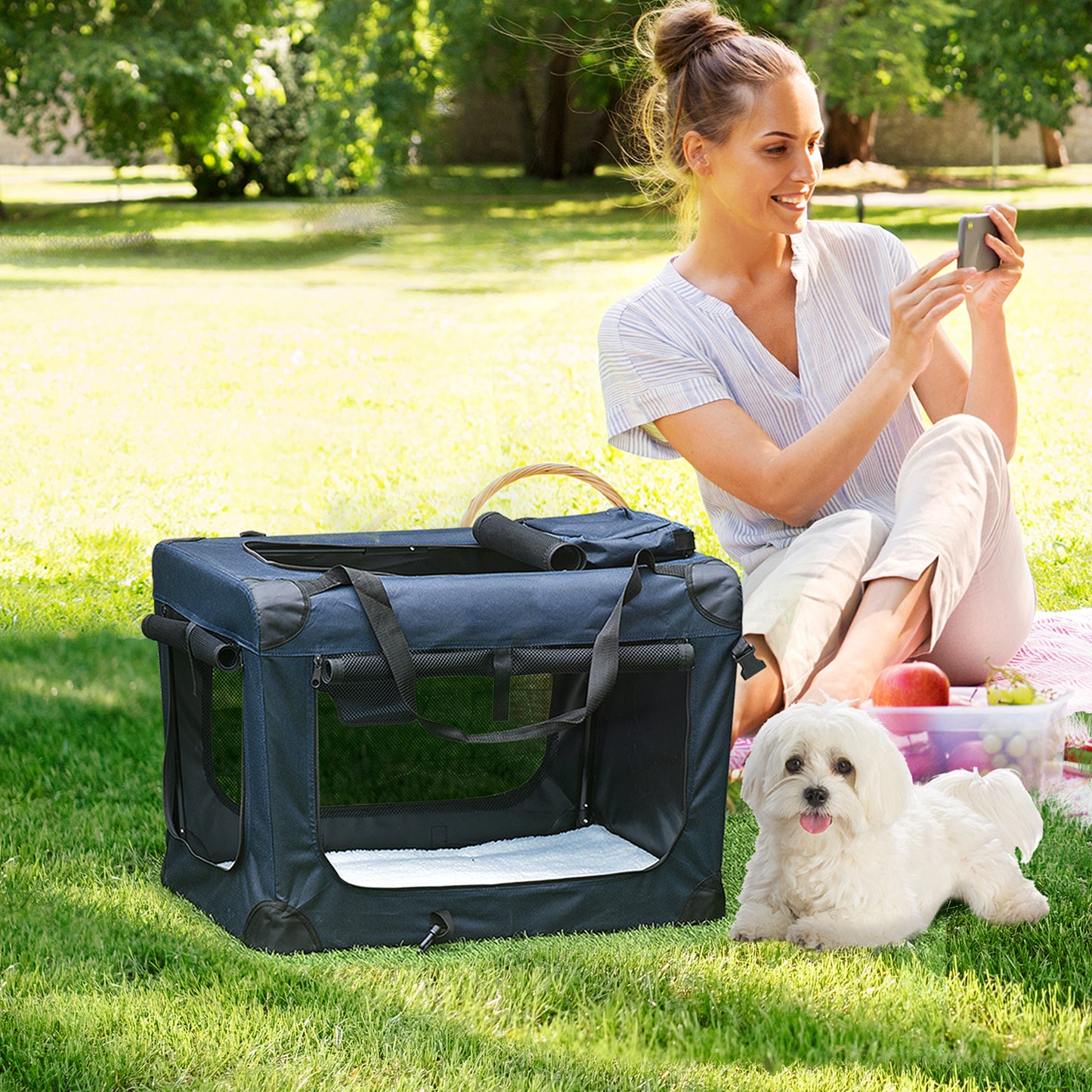 Folding Pet Carrier Bag Soft Portable Dog Cat Crate Puppy Kennel Cage House with Cushion Storage Bags Dark Blue, 60 x 41.5 x 41cm